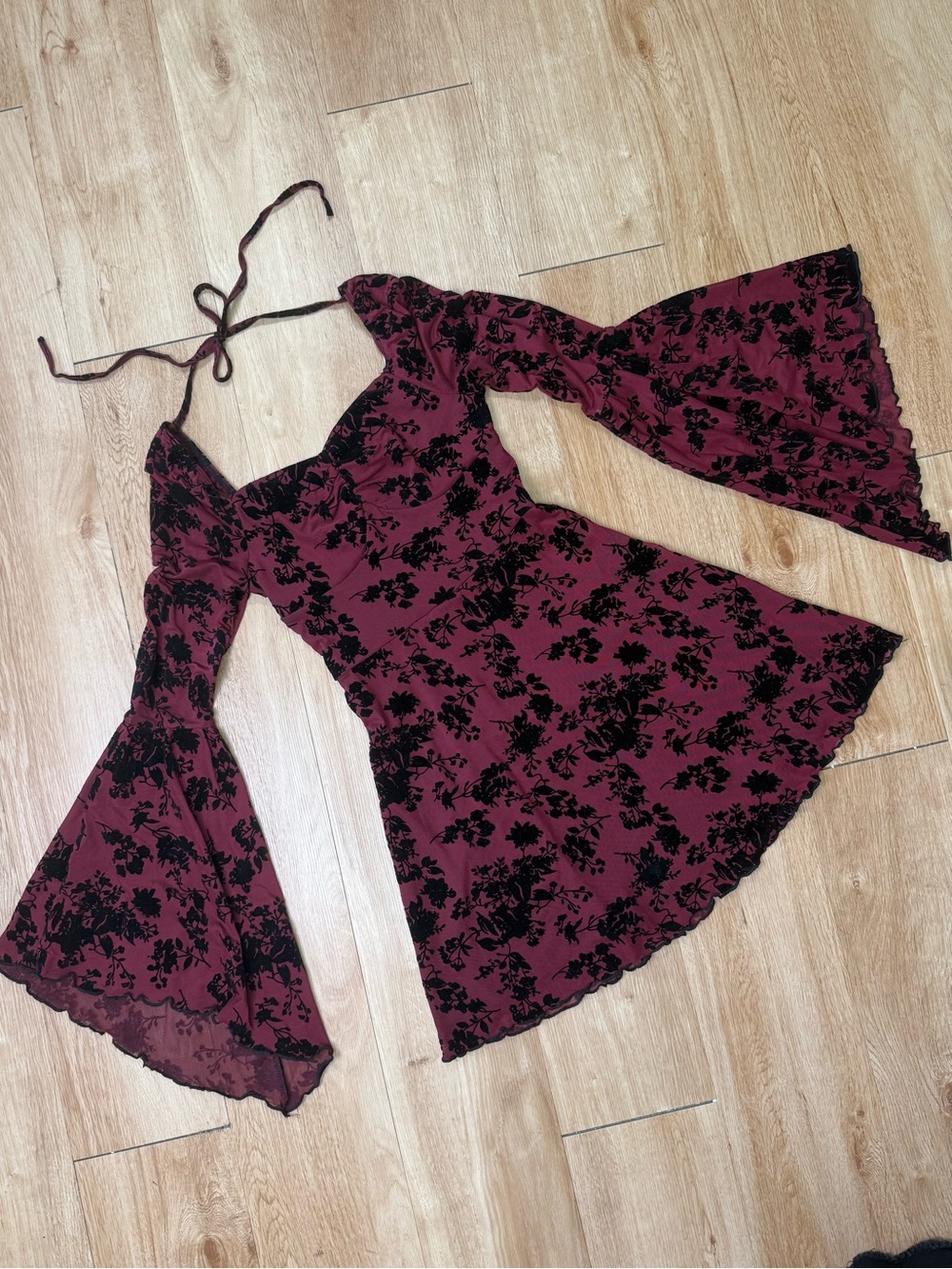 Source Unknown Burgundy and Black Floral Velvet Burnout Midi Dress